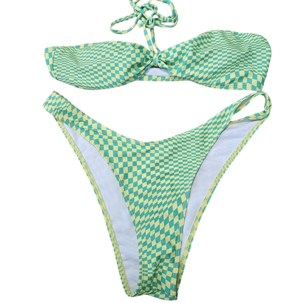 Checkerboard Bikini Set Lime Green Yellow High Cut Bandeau Size L Beach Pool‎